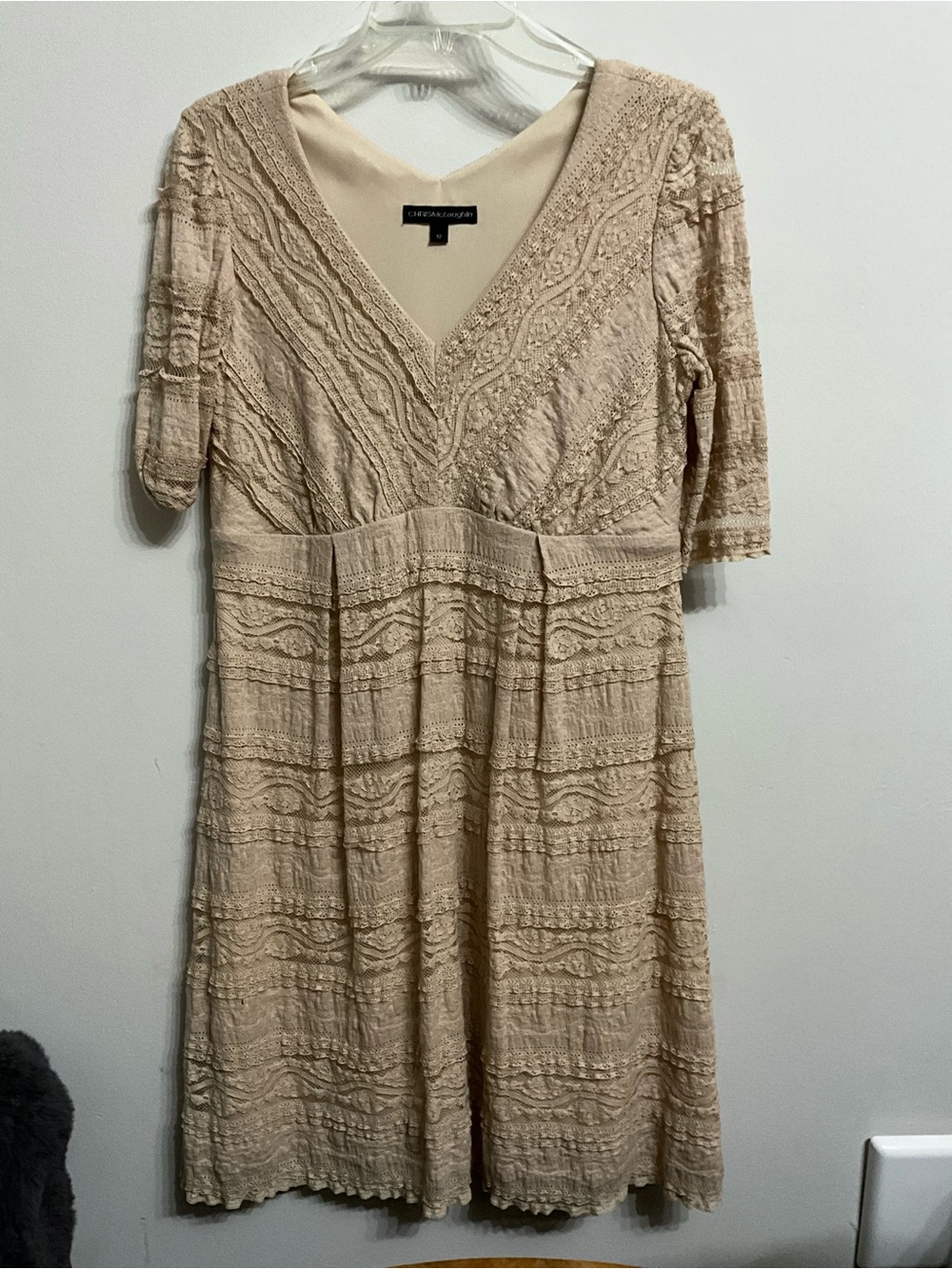 Chelsea & Violet Lace V-Neck Midi Dress in Beige